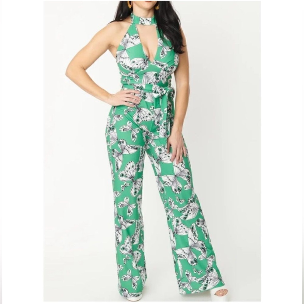NWT - Green Floral Halter Jumpsuit